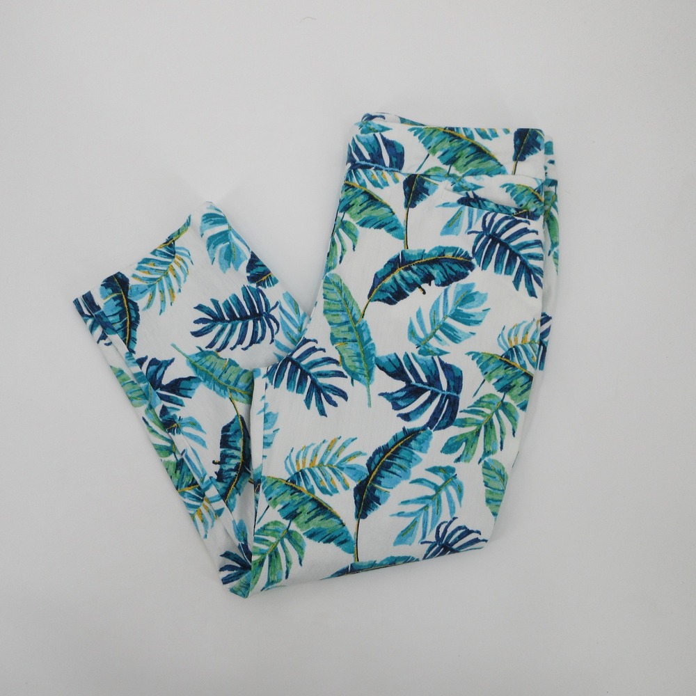 Chicos Brigitte So Slimming Tropical Palm Leaf Crop Pants Blue Green Size 2 12